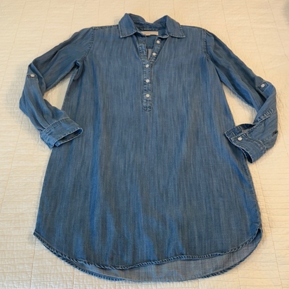 Loft Small Soft Chambray Shirt Dress Sleeve Tab Knee length Tunic Shirt Dress